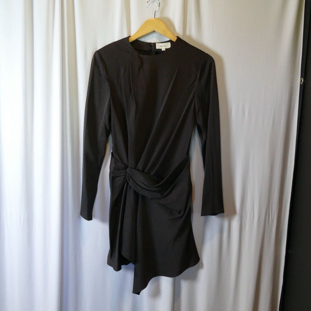 NWT A.L.C. Kay Asymmetric Front-Twist Satin Cocktail Mini Dress Black Size 2 - Picture 4 of 8